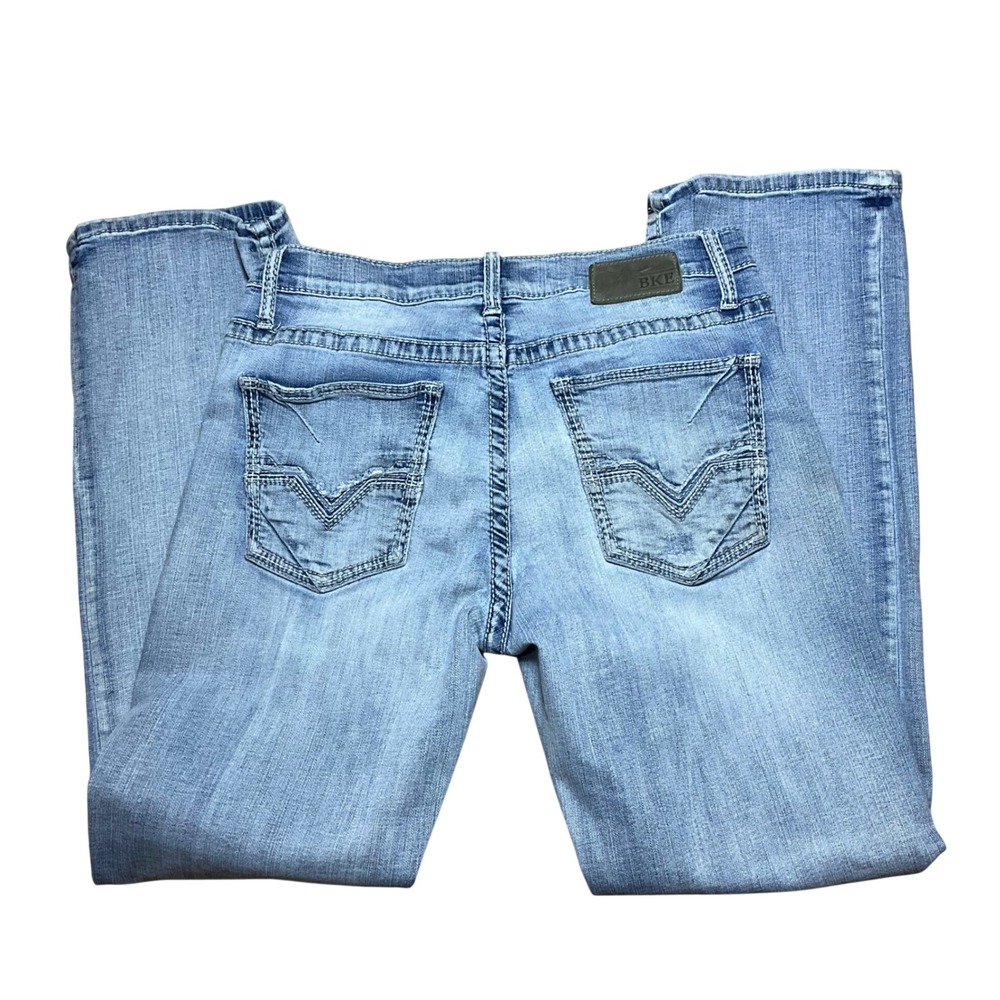BKE Jake Bootcut Jeans Mens 34R Light Wash Denim Contrast Stitch Blue Pants